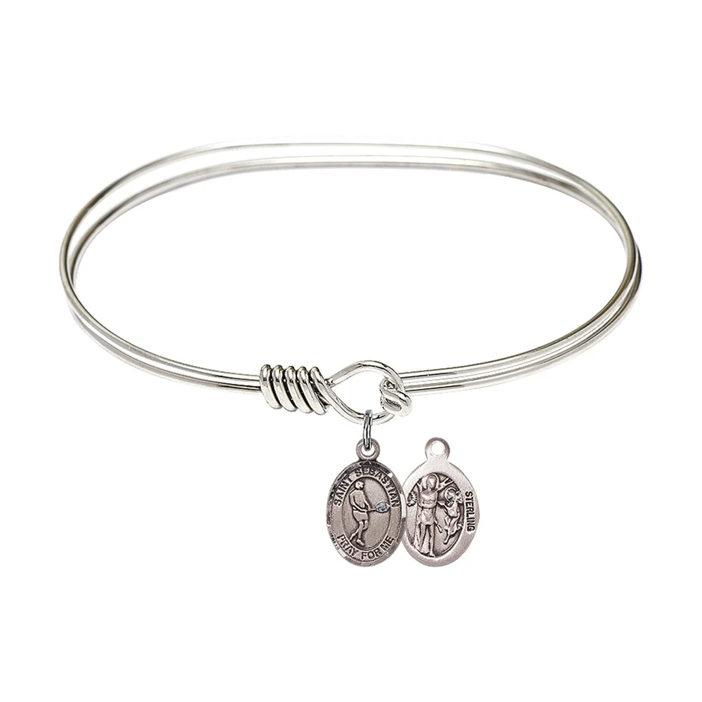 Adult 7" Oval  Rhodium Plated Bangle Bracelet with St. Sebastian/Tennis Medal Charm