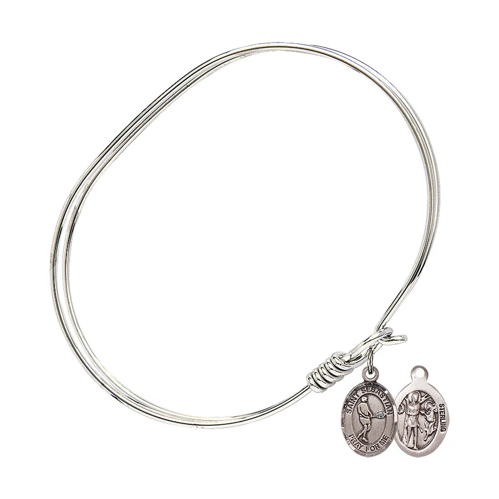 Adult 7" Oval  Rhodium Plated Bangle Bracelet with St. Sebastian/Tennis Medal Charm - Image 2