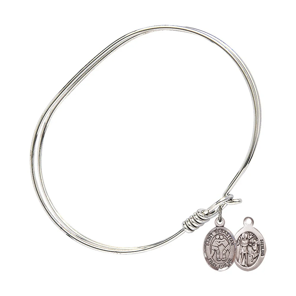 Adult 7" Oval Rhodium Plated Bangle Bracelet with St. Sebastian/Wrestling Medal Charm - Image 2