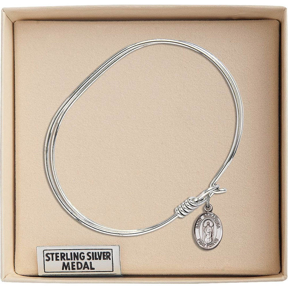 Adult 7" Oval Rhodium Plated Bangle Bracelet with St. Seraphina Medal Charm - Image 3