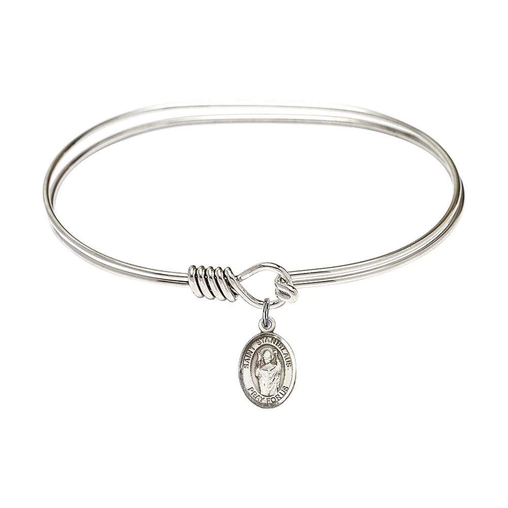 Adult 7" Oval Rhodium Plated Bangle Bracelet with St. Stanislaus Medal Charm
