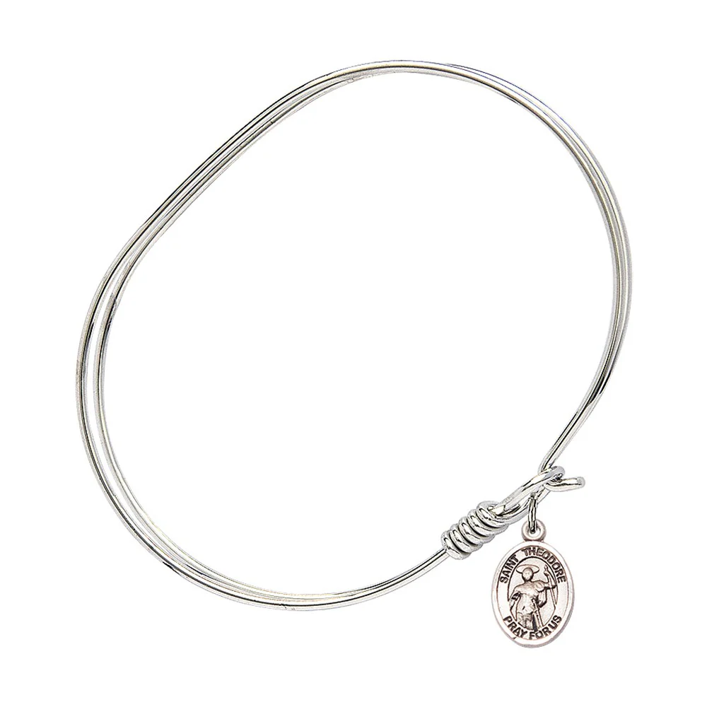 Adult 7" Oval Rhodium Plated Bangle Bracelet with St. Theodore Stratelates Medal Charm - Image 2