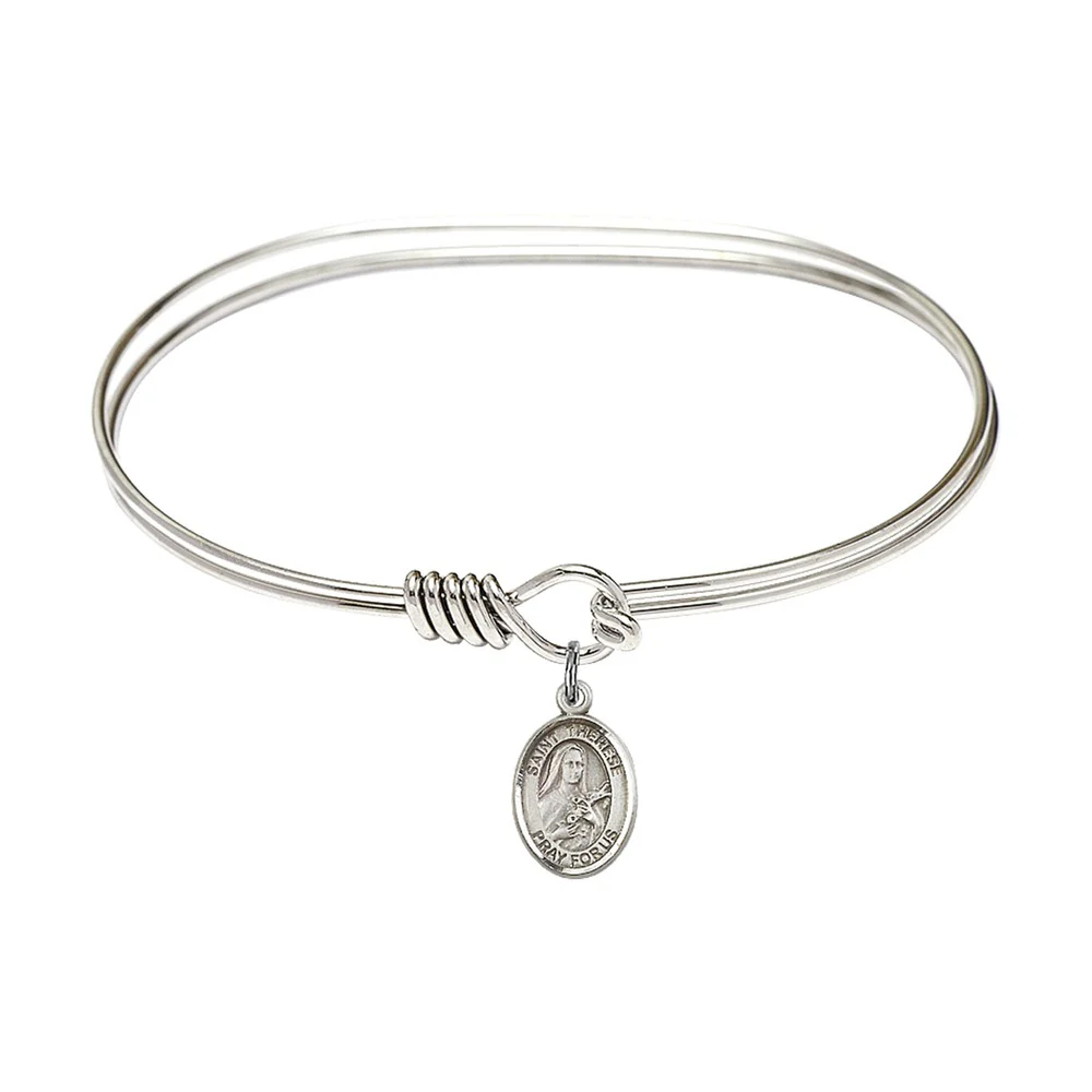 Adult 7" Oval Rhodium Plated Bangle Bracelet with St. Therese of Lisieux Medal Charm