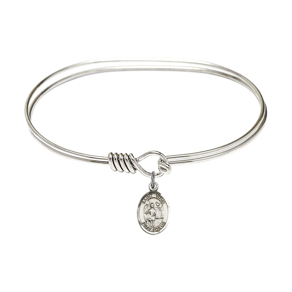 Adult 7" Oval Rhodium Plated Bangle Bracelet with St. Vitus Medal Charm
