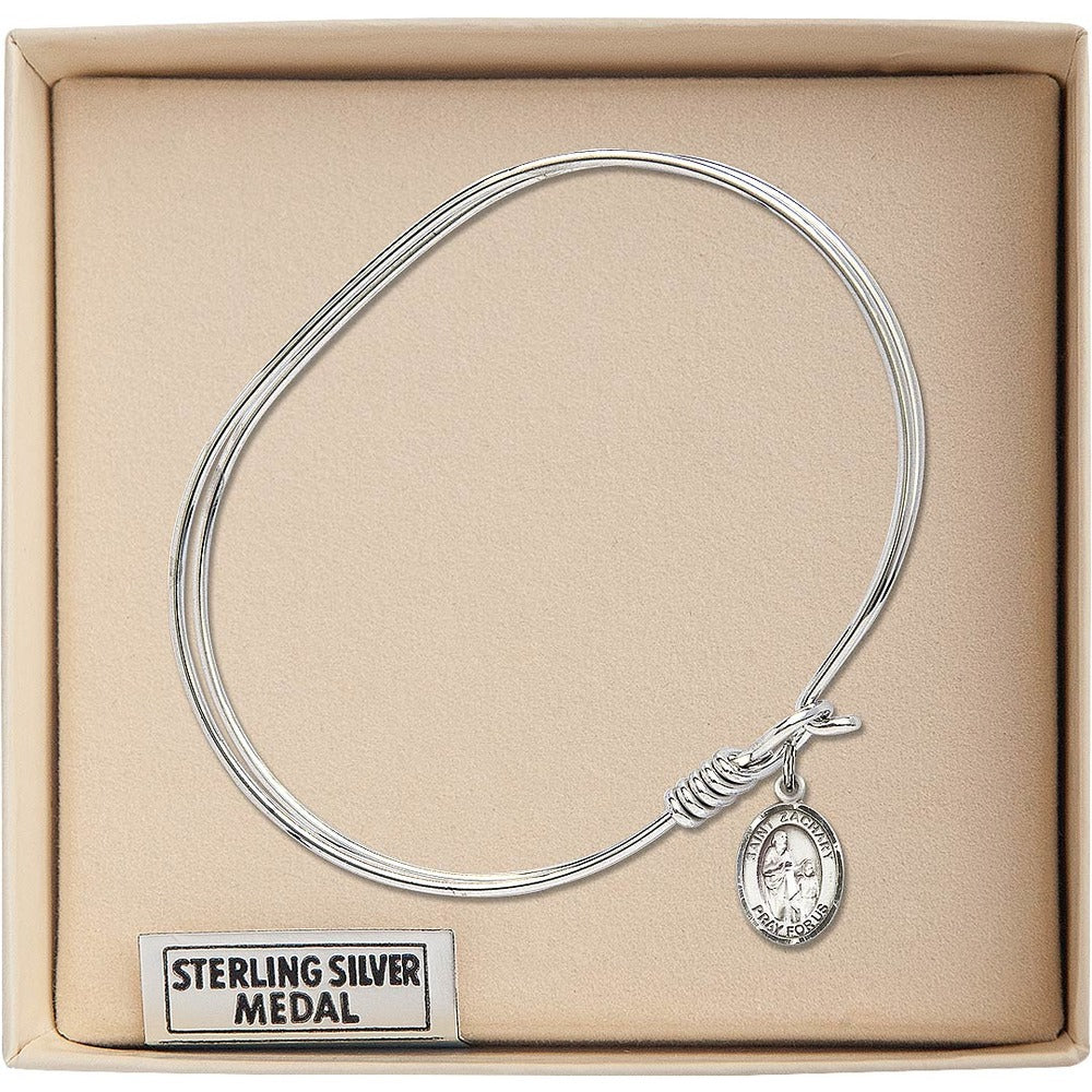 Adult 7" Oval Rhodium Plated Bangle Bracelet with St. Zachary Medal Charm - Image 3