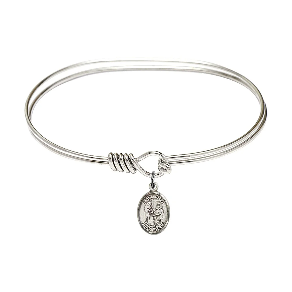 Adult 7" Oval Rhodium Plated Bangle Bracelet with St. Zita Medal Charm