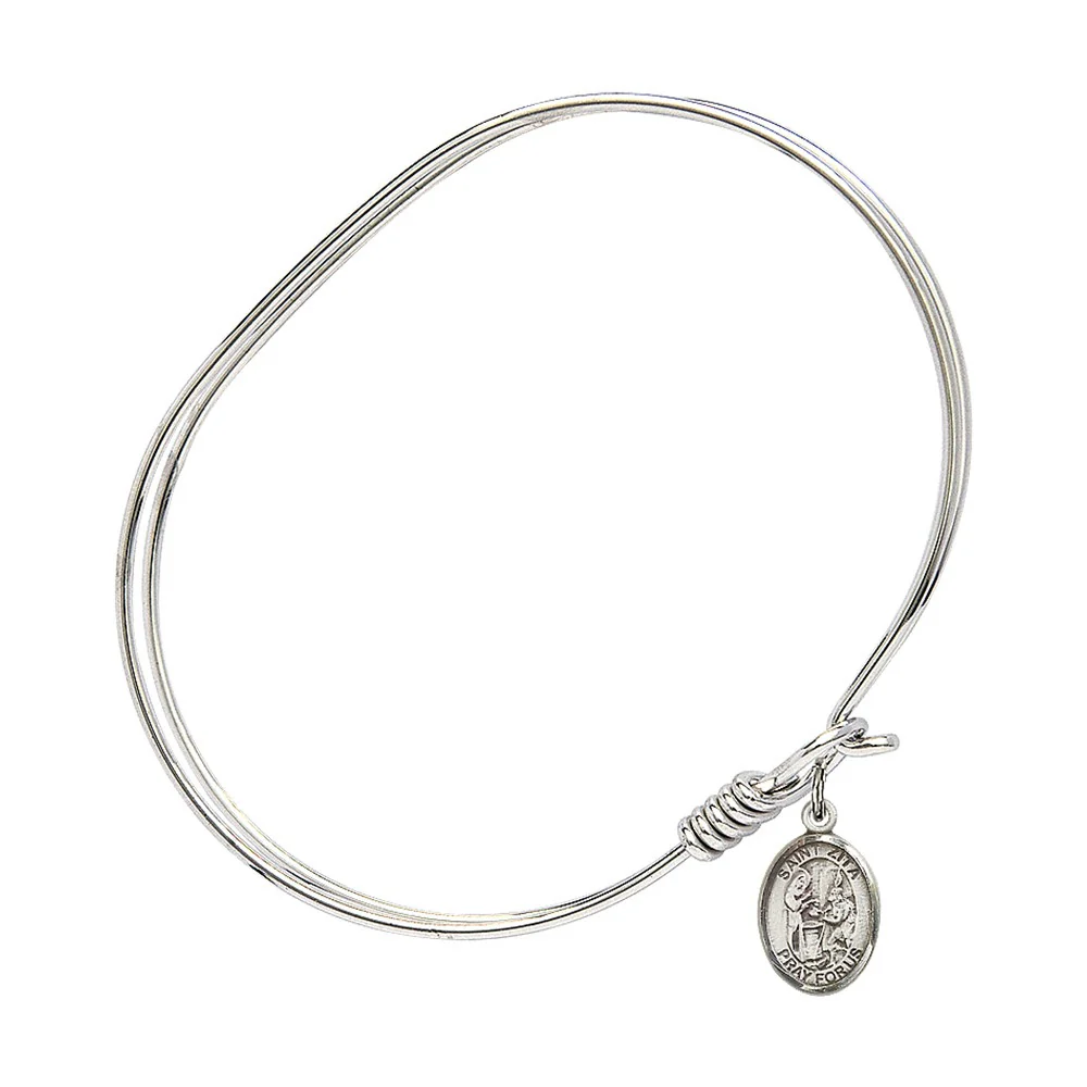 Adult 7" Oval Rhodium Plated Bangle Bracelet with St. Zita Medal Charm - Image 2