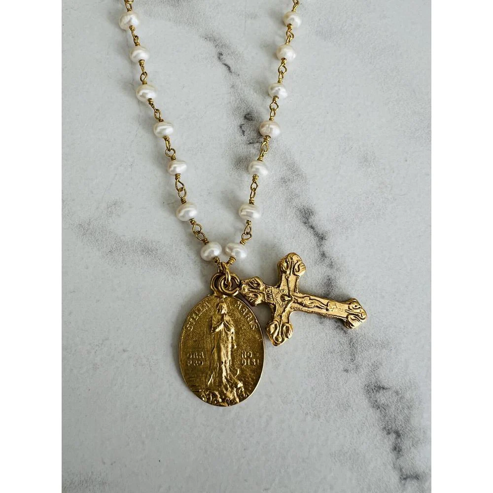 Antique Gold & Petite Pearl Stella Maris Crucifix Necklace - Image 2