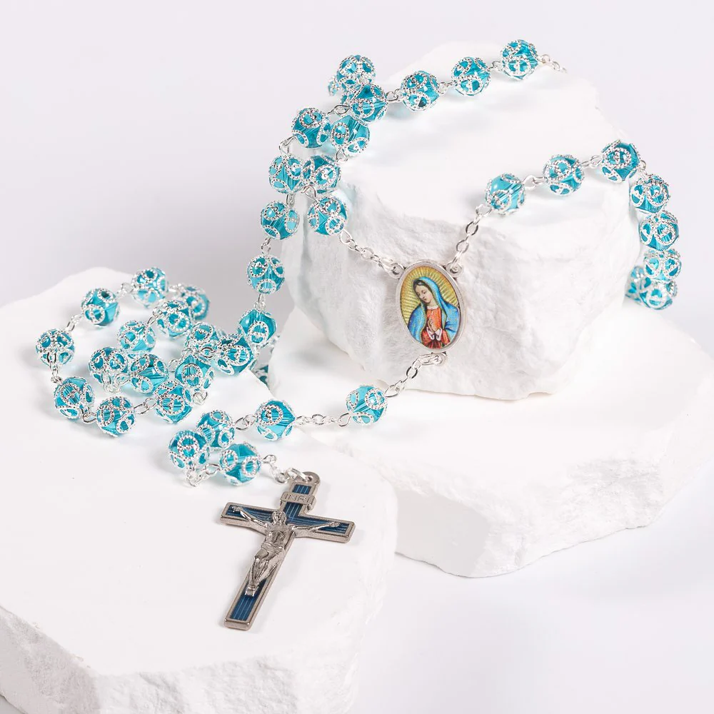 Aqua Glass Guadalupe Rosary - Image 3