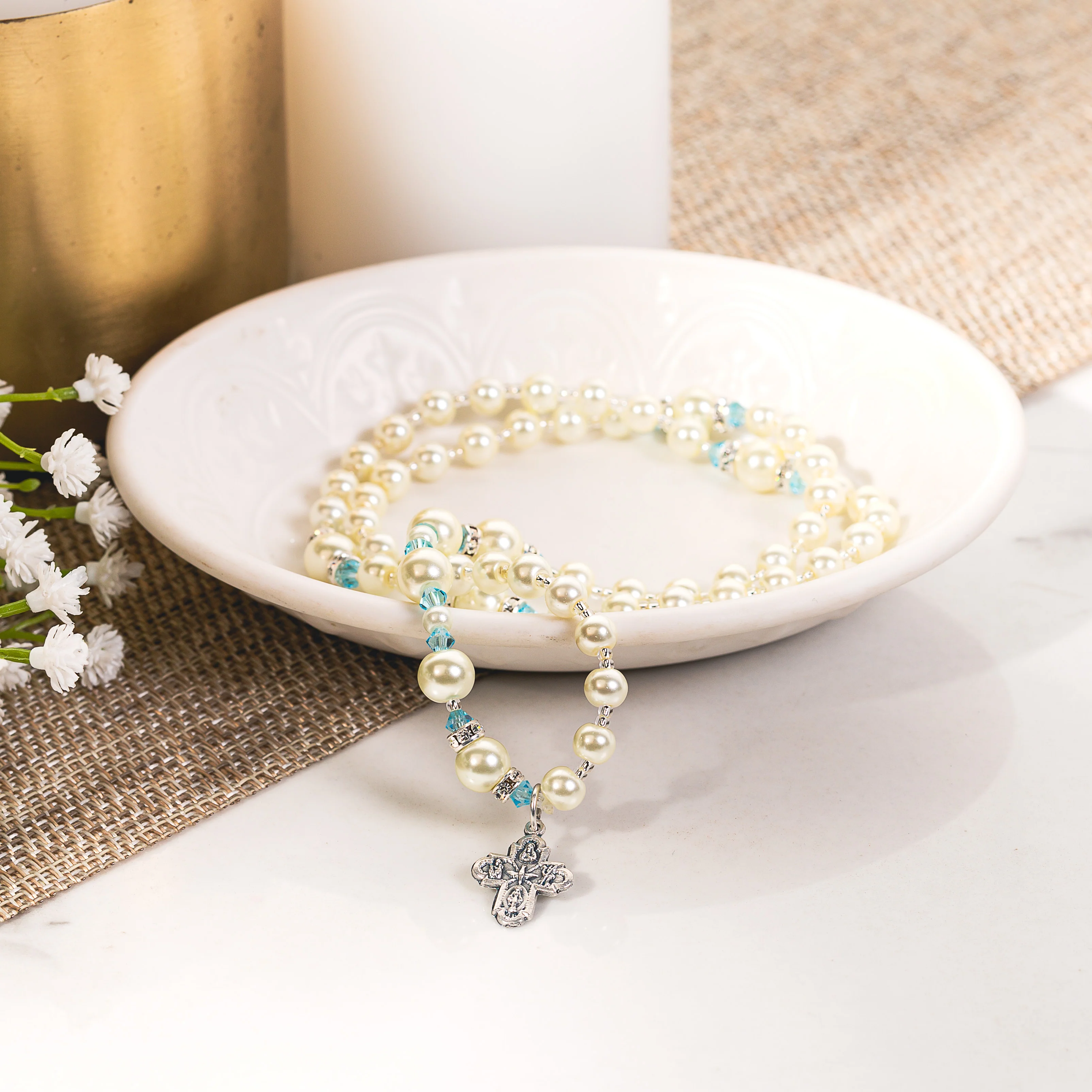 Aquamarine & Pearl Full Wrap Rosary Bracelet - Image 2