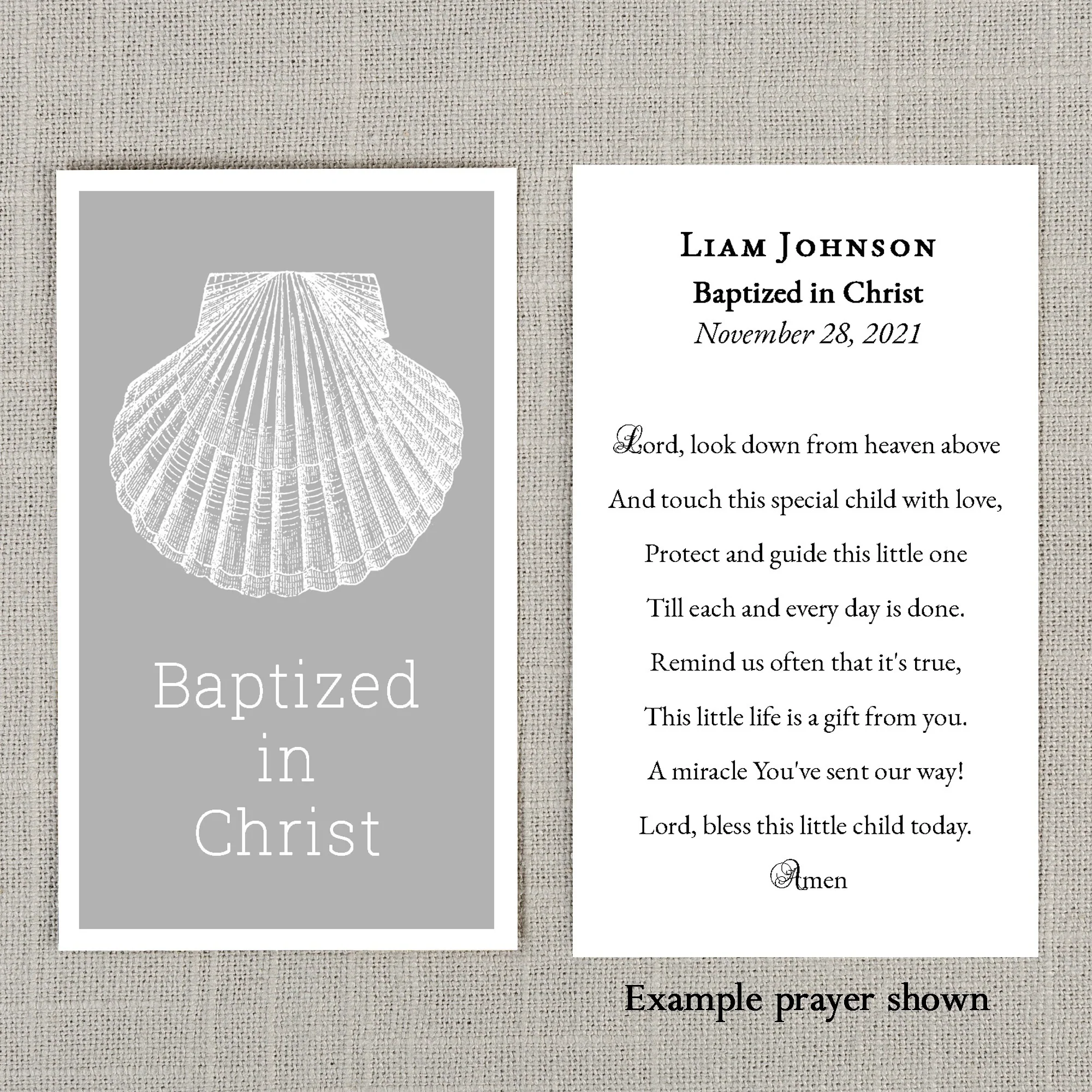 Laminated Baptism Shell Personalized Prayer Card