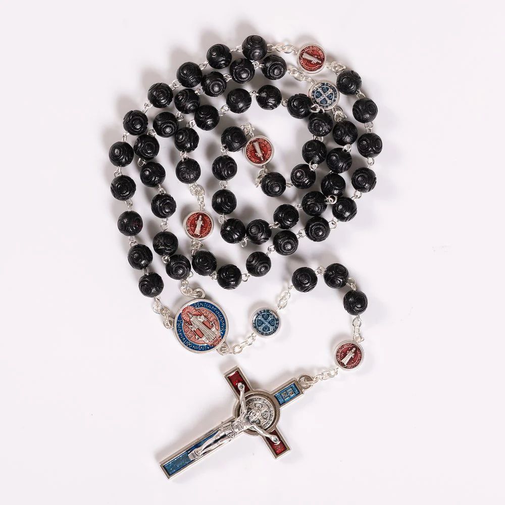 Black Carved Bead St. Benedict Rosary with Blue Enamel Accents