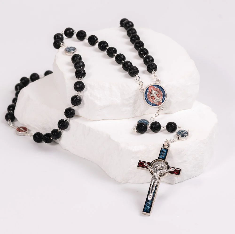 Black Carved Bead St. Benedict Rosary with Blue Enamel Accents - Image 3