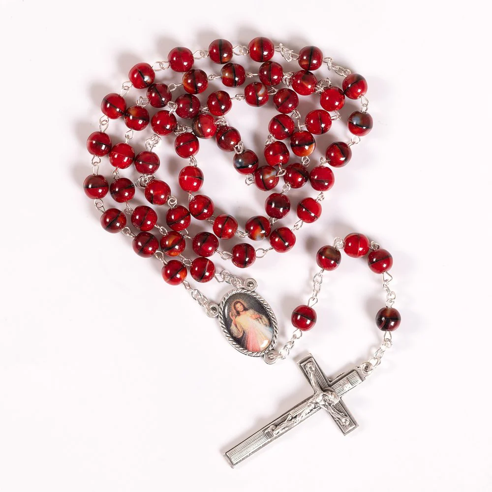 Black & Red Bead Divine Mercy Rosary with Colored Centerpiece