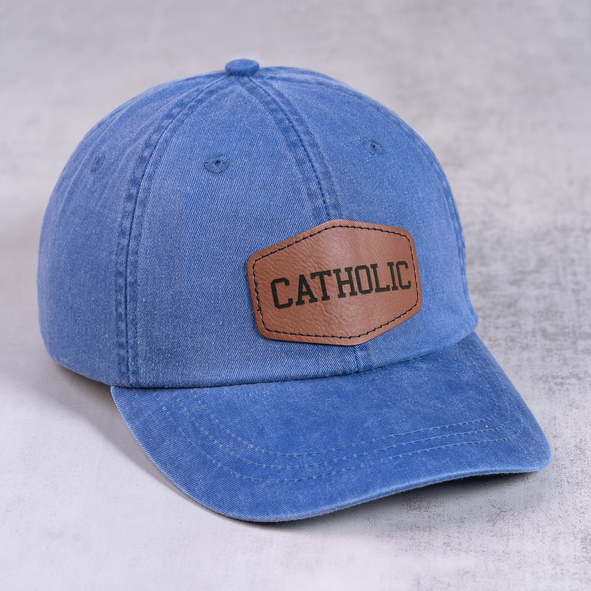 Blue Catholic Leather Patch Ball Cap