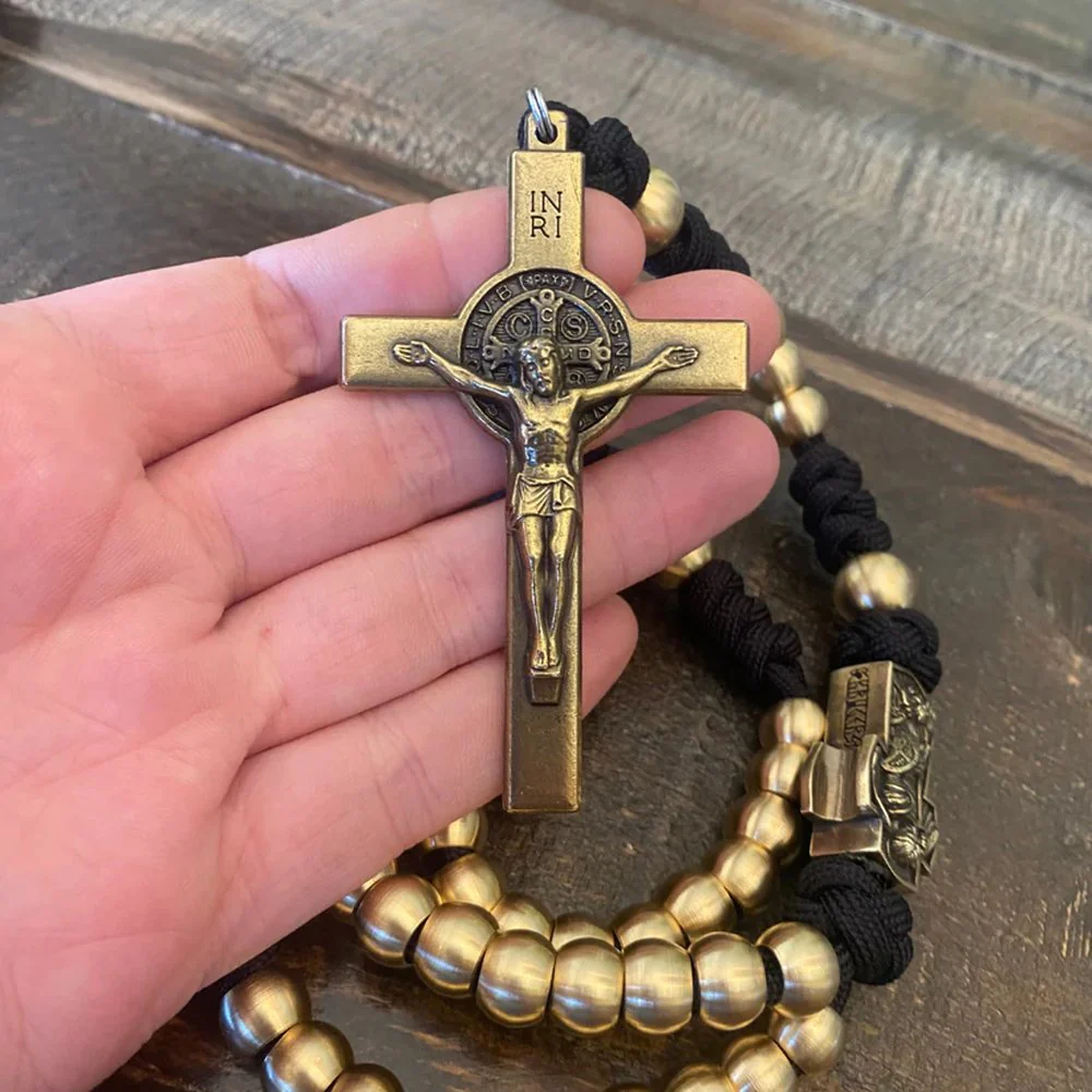 Brass St. Michael & St. Benedict Paracord Rosary - Image 4