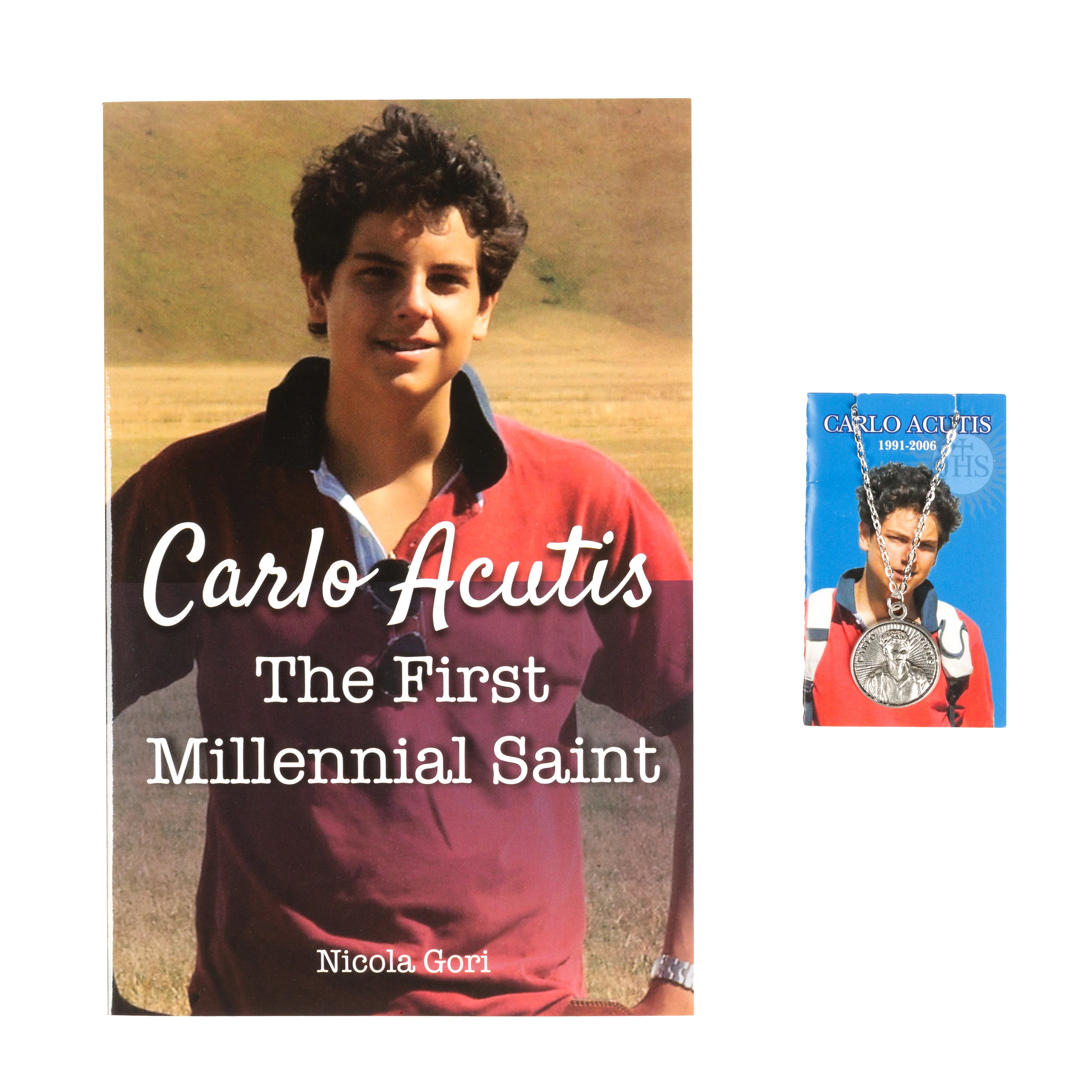 Carlo Acutis - The First Millennial Saint Book & St. Carlo Acutis Medal & Prayer Card - 2 Piece Gift Set