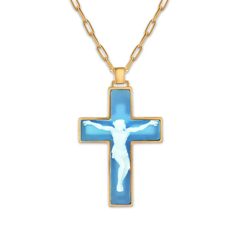 Carved Blue & White Cameo Crucifix Necklace