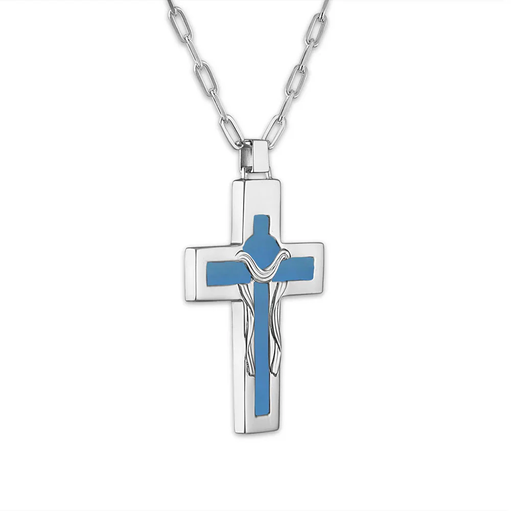 Carved Blue & White Cameo Crucifix Necklace - Image 6