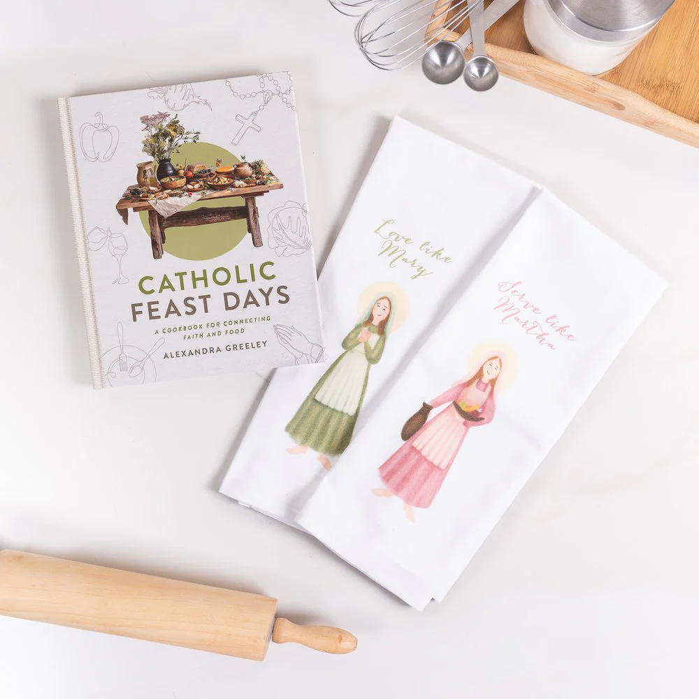 Catholic Feast Day Cookbook & Martha and Mary Kitchen Towel Gift Set