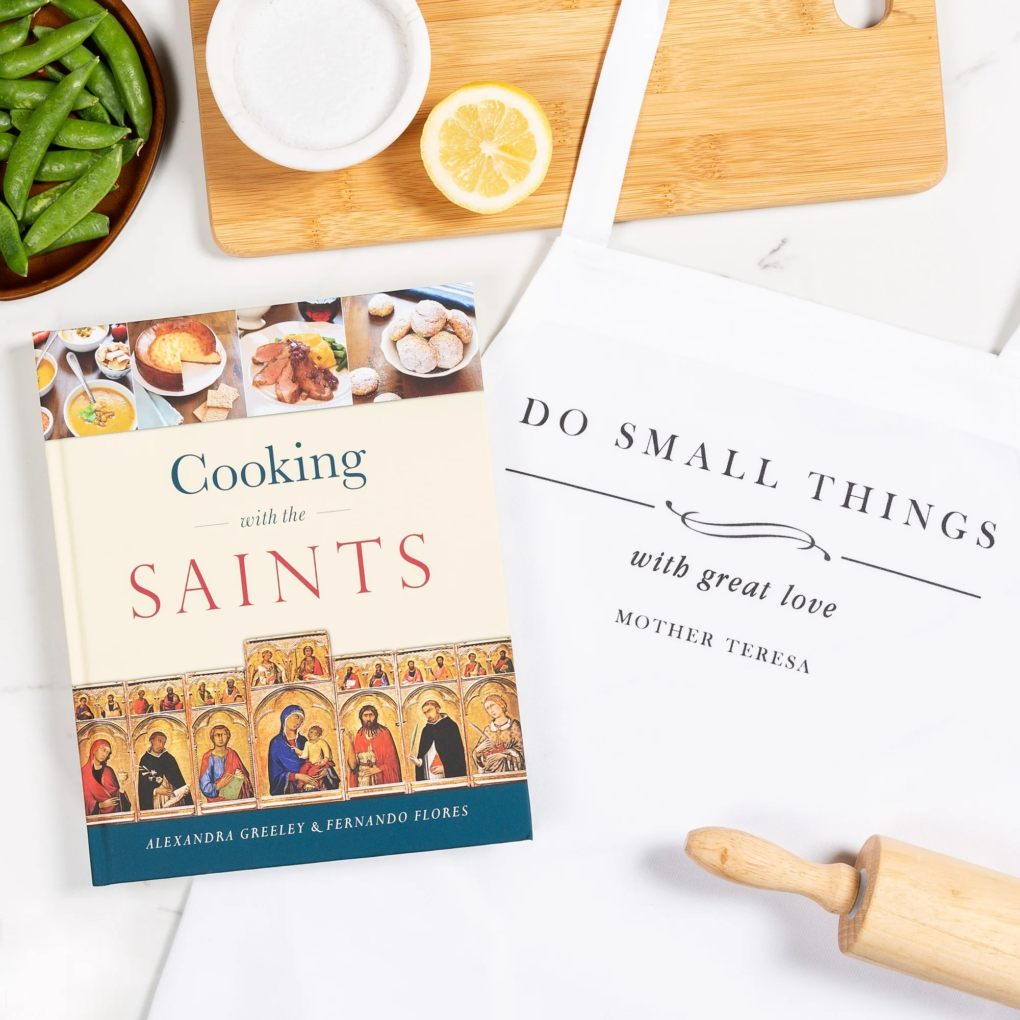 Cooking With The Saints Cookbook and Mother Teresa Do Small Things Apron Gift Set
