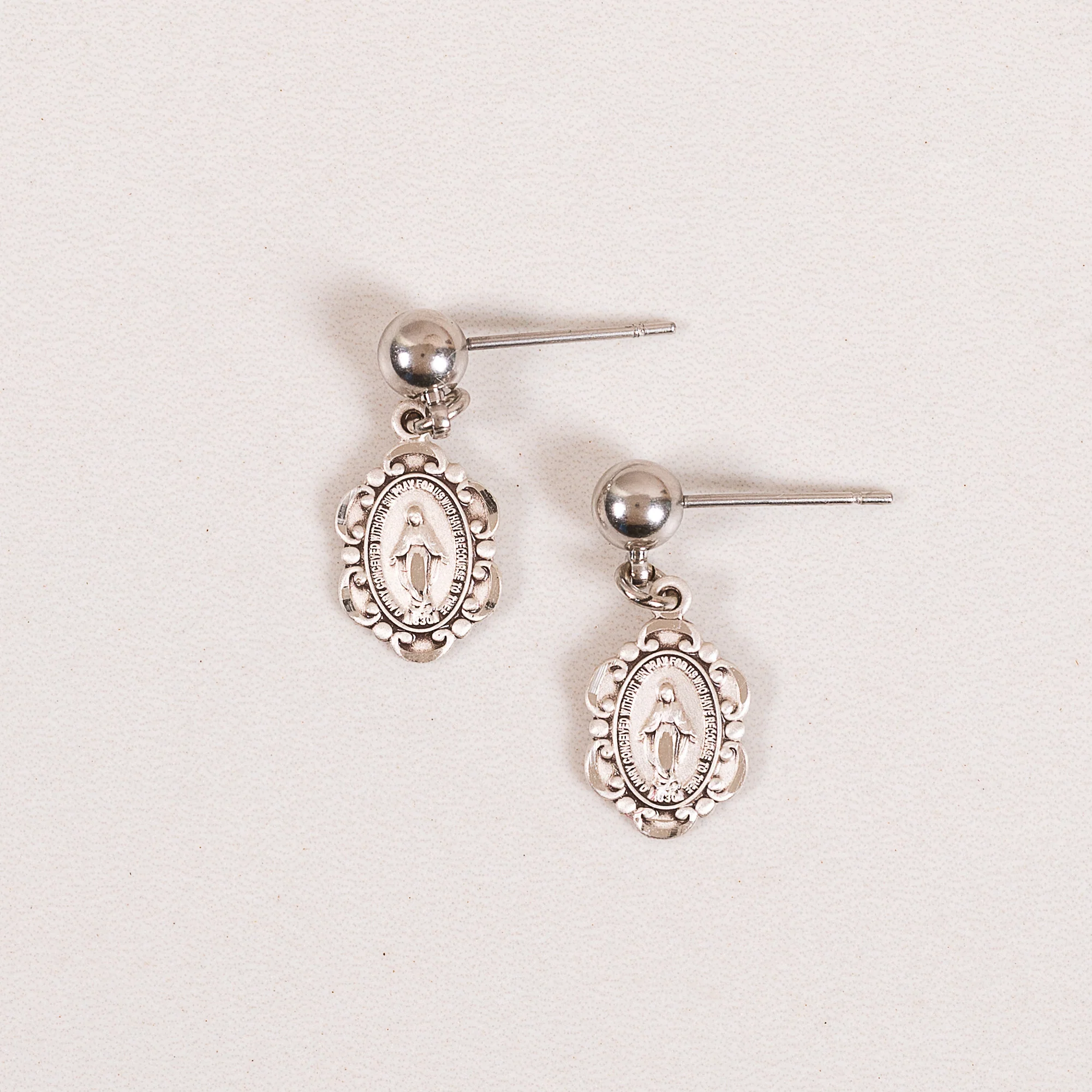 Damask Miraculous Medal Drop Earrings - Silver or Gold