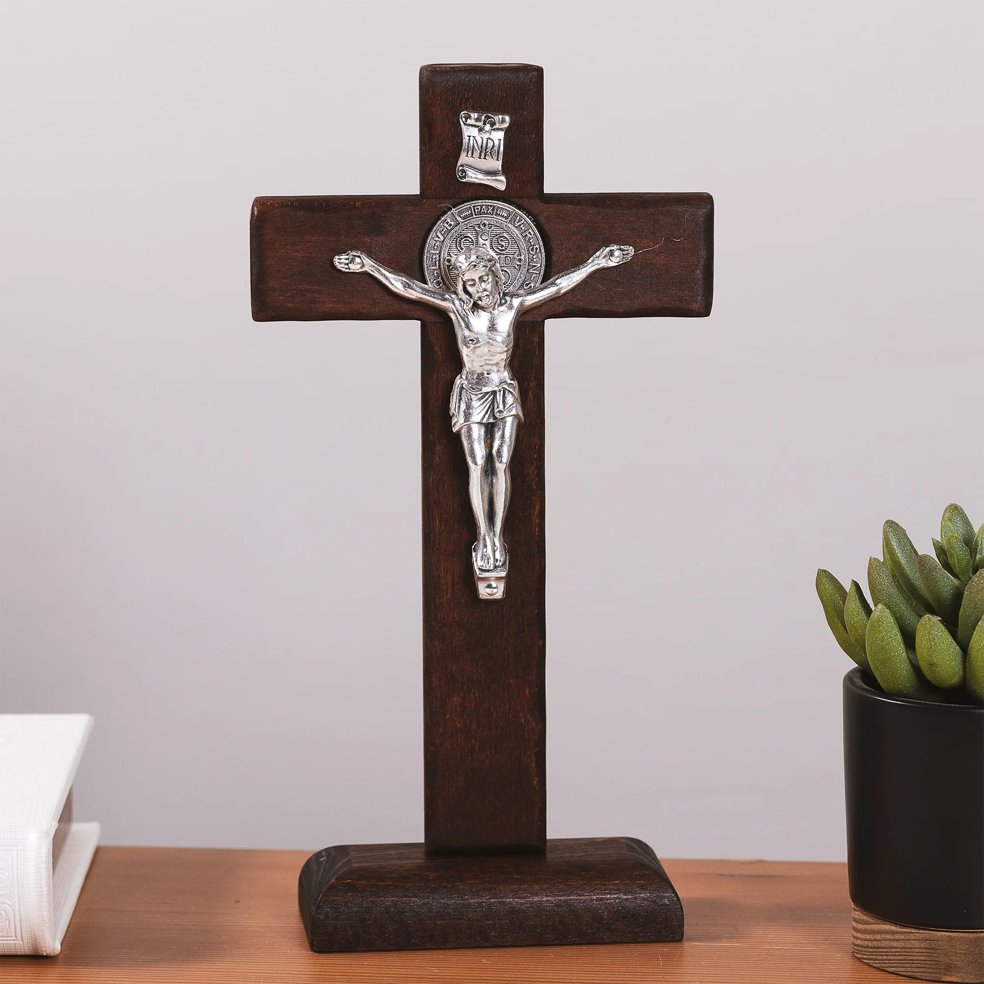 Dark Wood St. Benedict Standing Crucifix - 9"