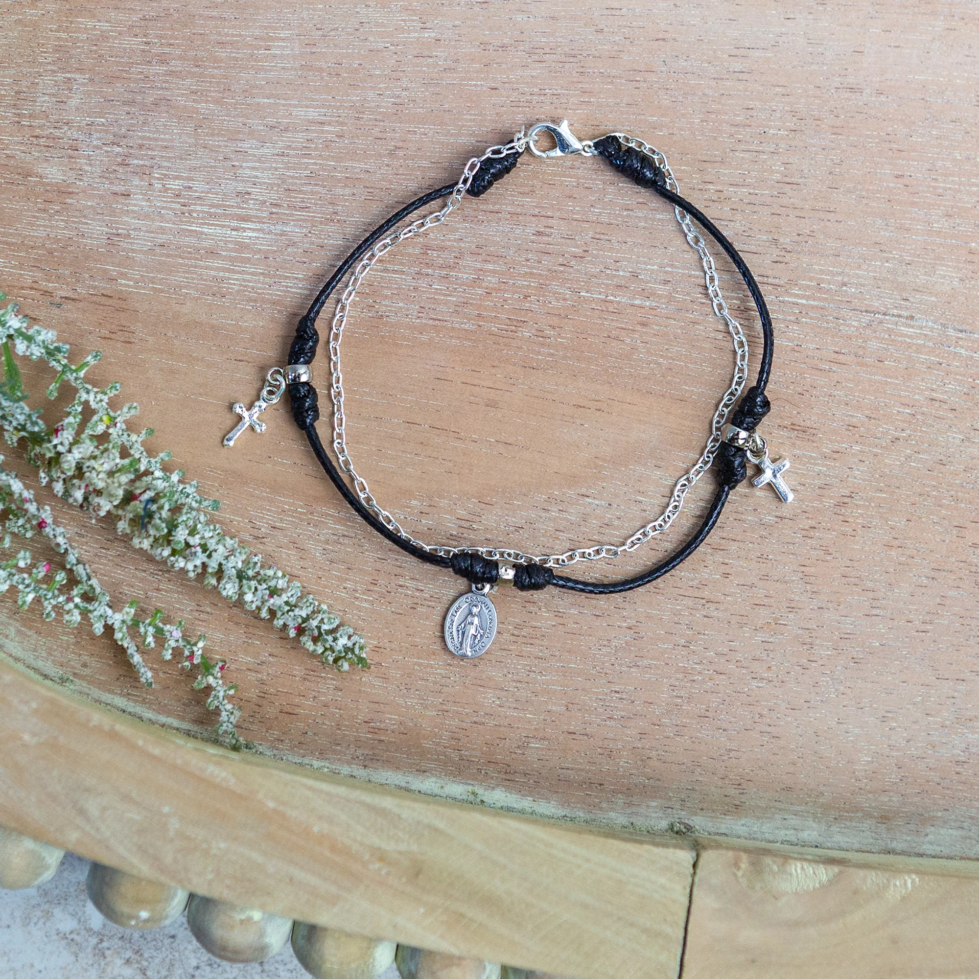 Double Strand Black or Brown Cord & Silver Anklet with Charms