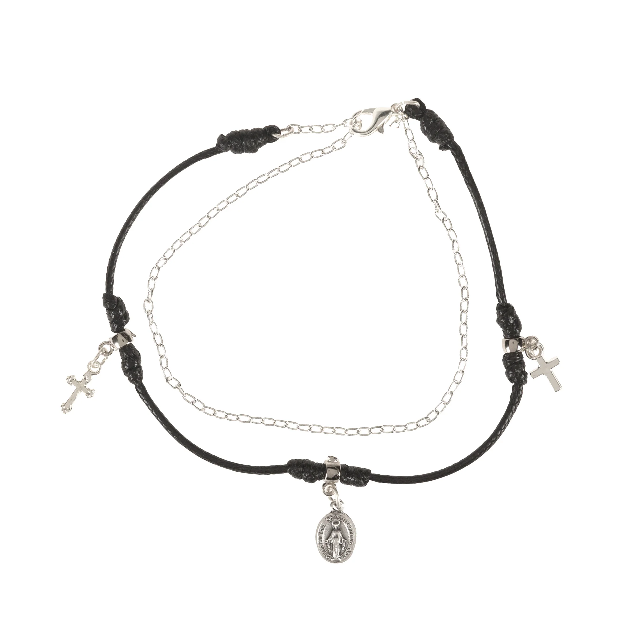 Double Strand Black or Brown Cord & Silver Anklet with Charms - Image 2