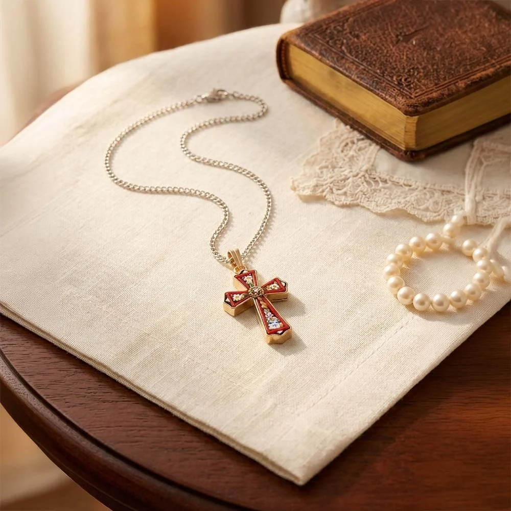 Gold & Floral Mosaic Cross Necklace - Image 5