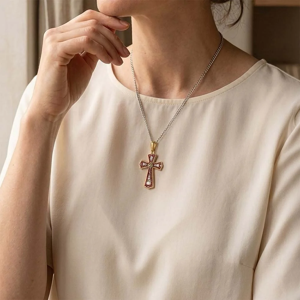 Gold & Floral Mosaic Cross Necklace - Image 6