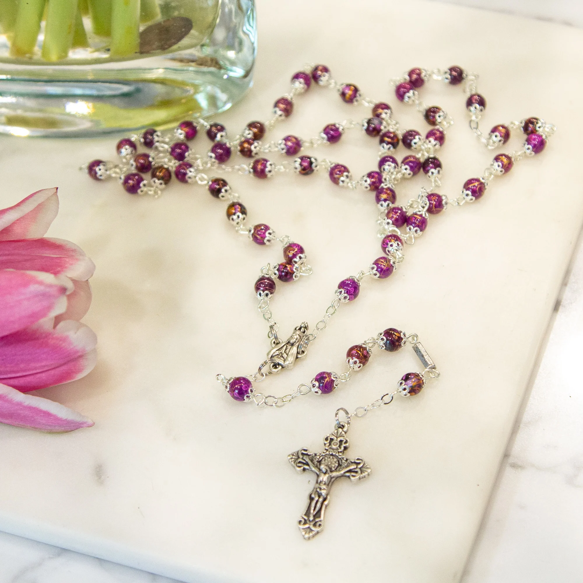 Fatima Crown Marbled Crimson Rosary