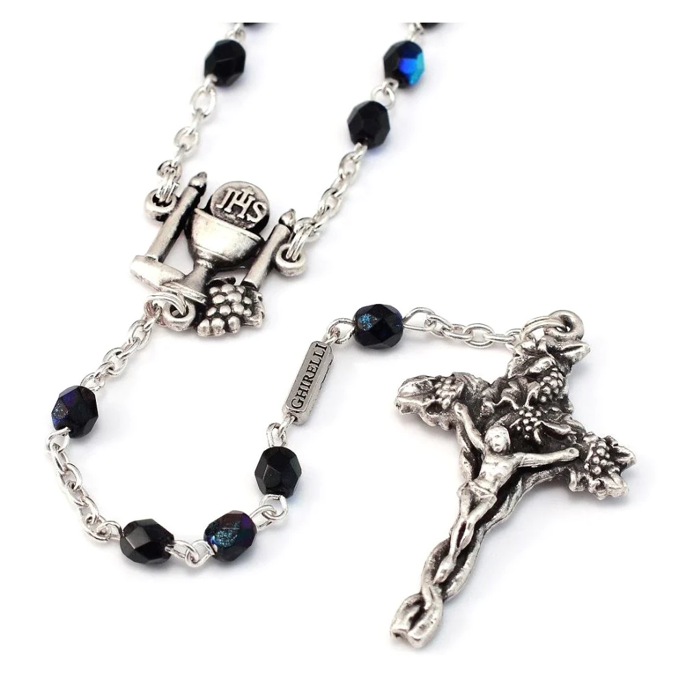 First Communion Black Crystal Vine & Branches Rosary