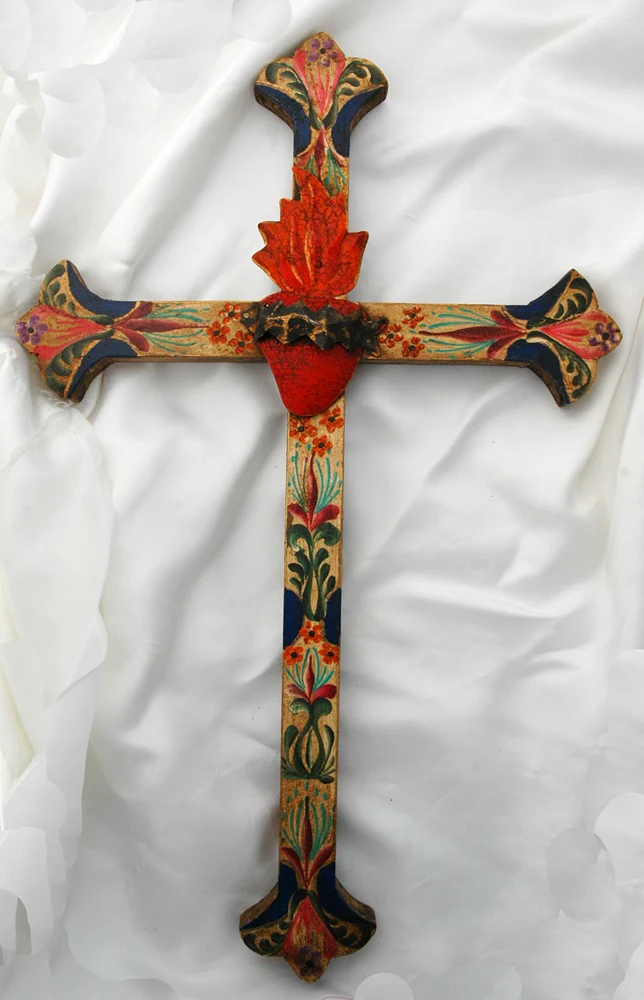 Floral Sacred Heart Mexican Wall Cross - 20" - Image 2