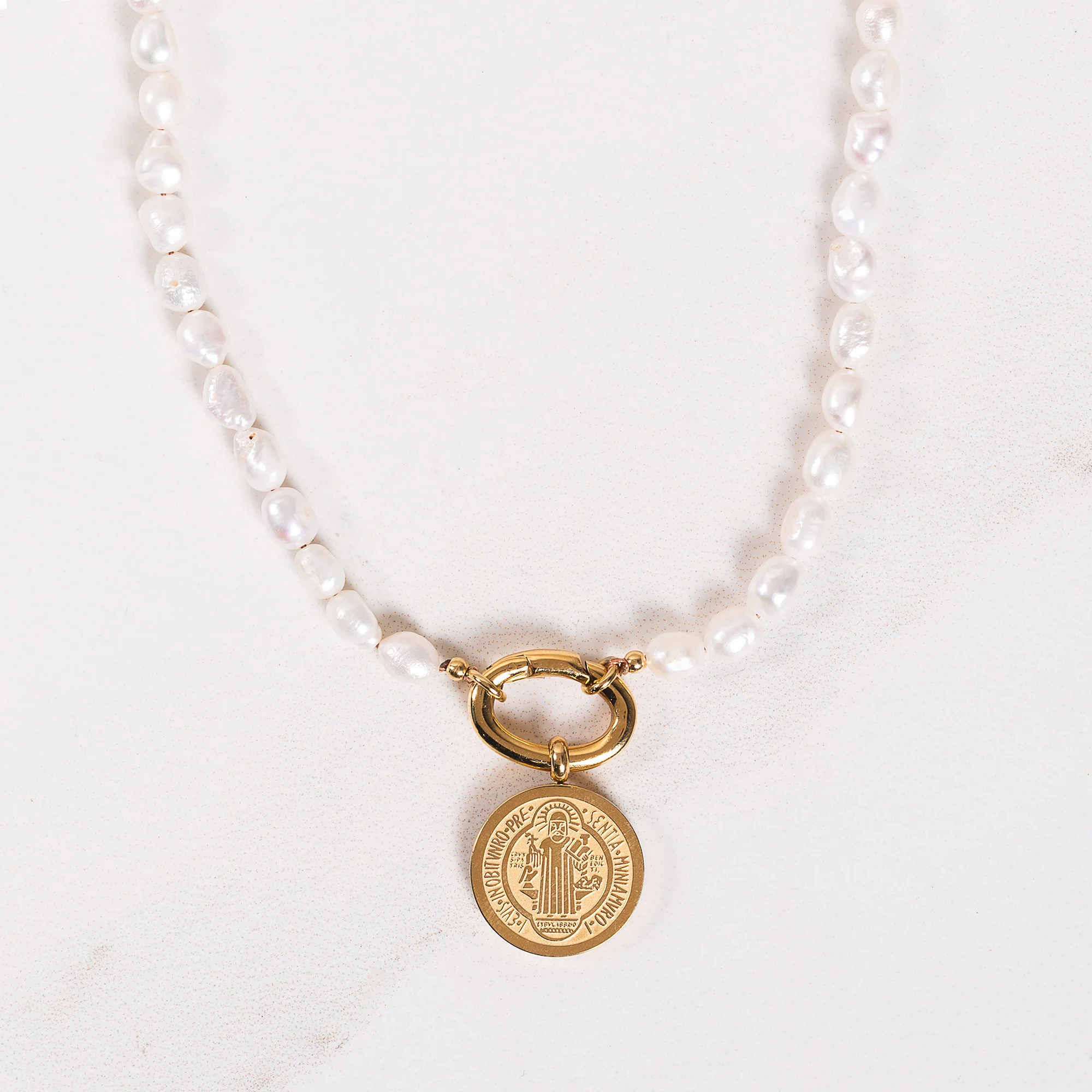 Freshwater Pearl & Gold St. Benedict Medal Necklace - Small or Large