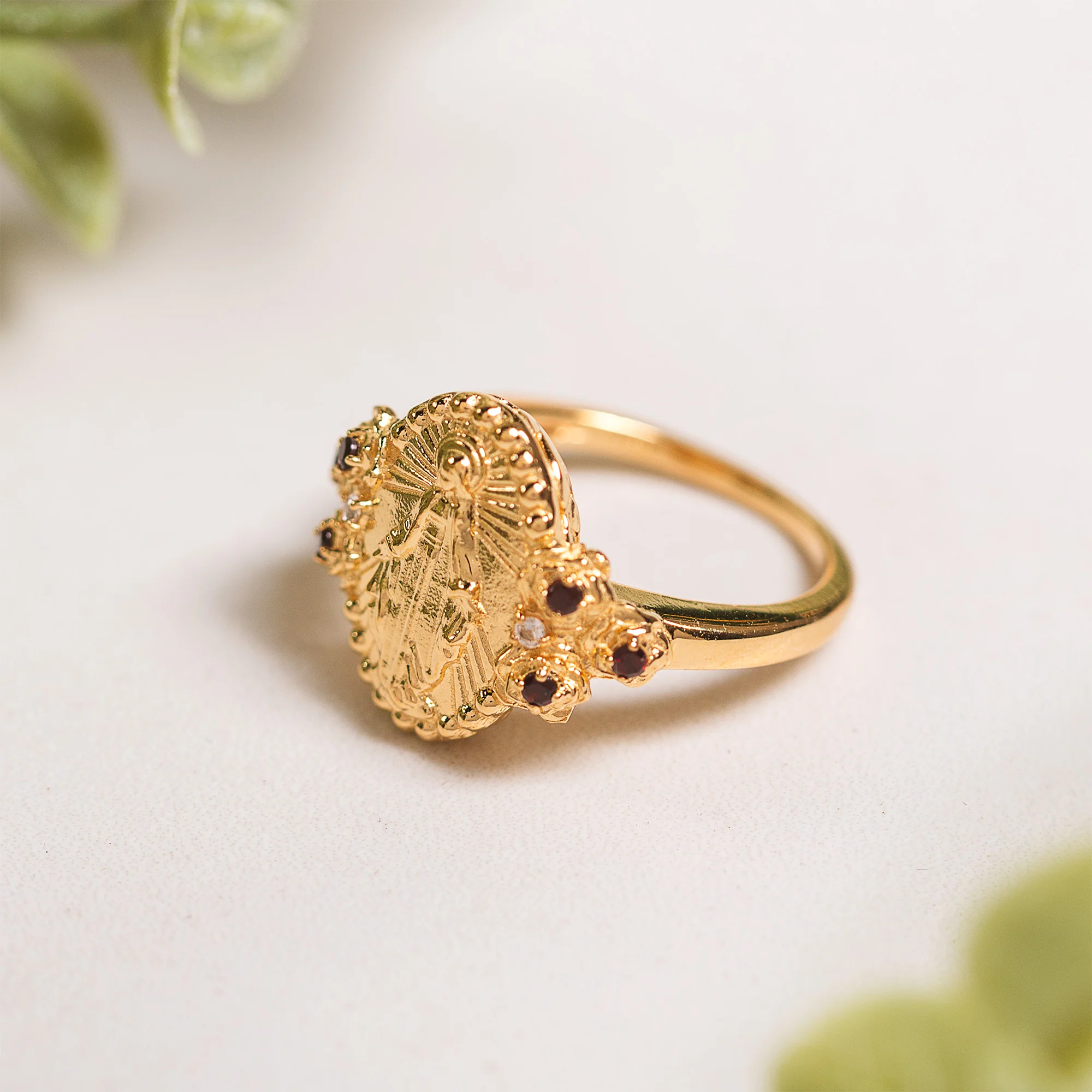 Gold Miraculous Medal & Rose Accent Ring - Multiple Sizes - Image 2