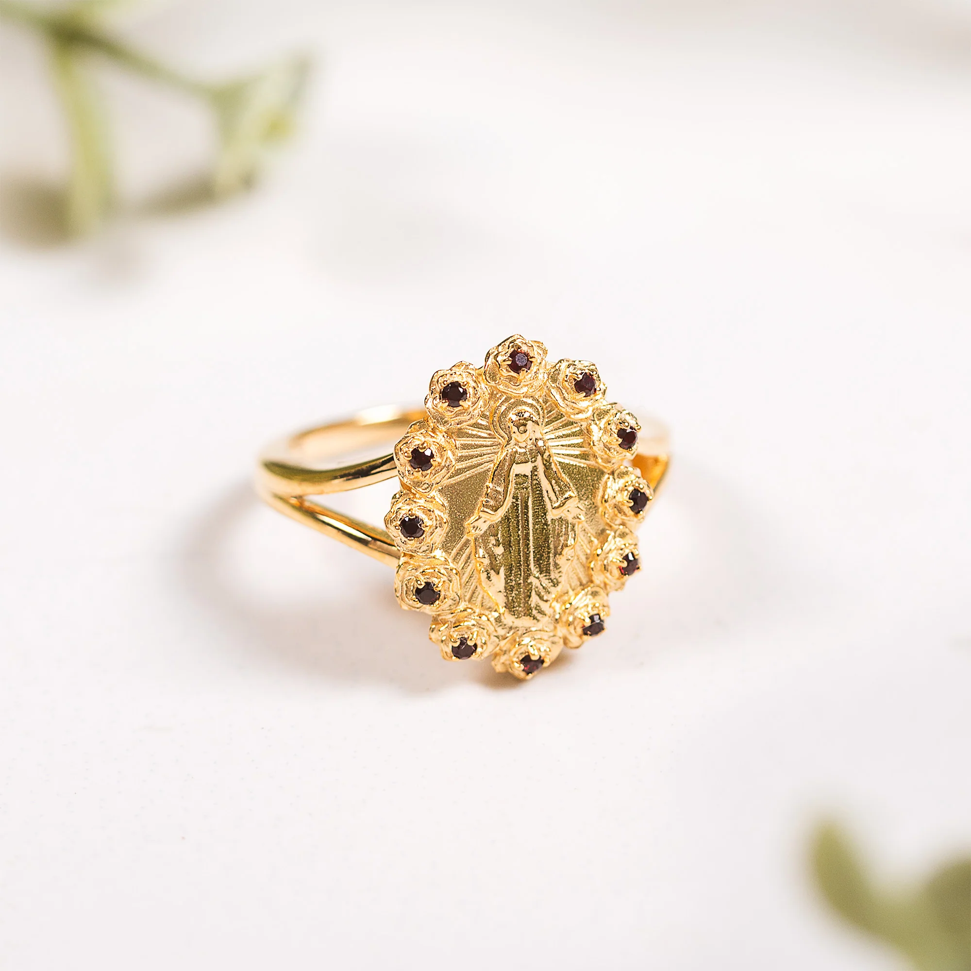 Gold Miraculous Medal & Rose Halo Ring - Multiple Sizes - Image 2