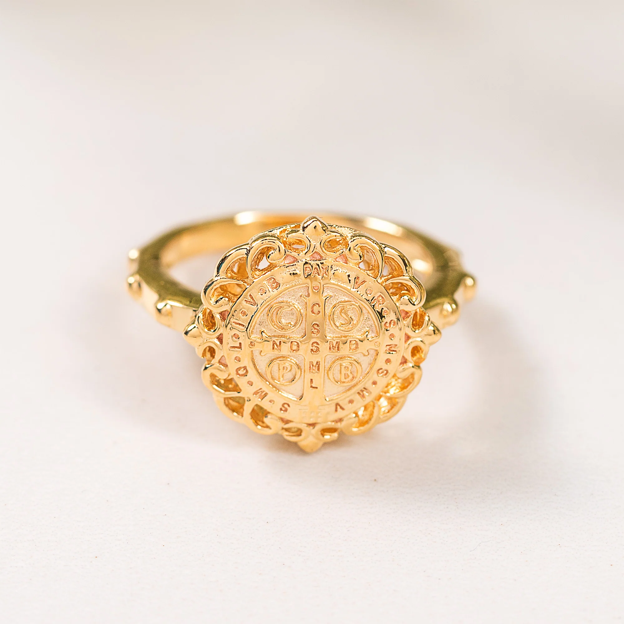 Gold Over Sterling Silver St. Benedict Filigree Rosary Ring