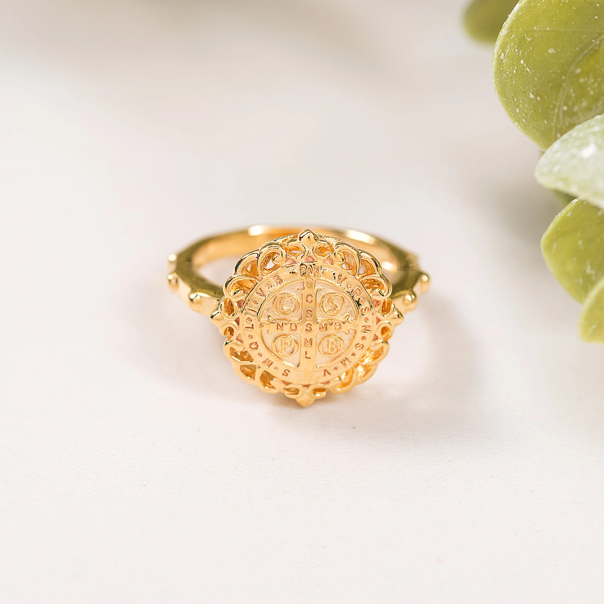 Gold Over Sterling Silver St. Benedict Filigree Rosary Ring - Image 2