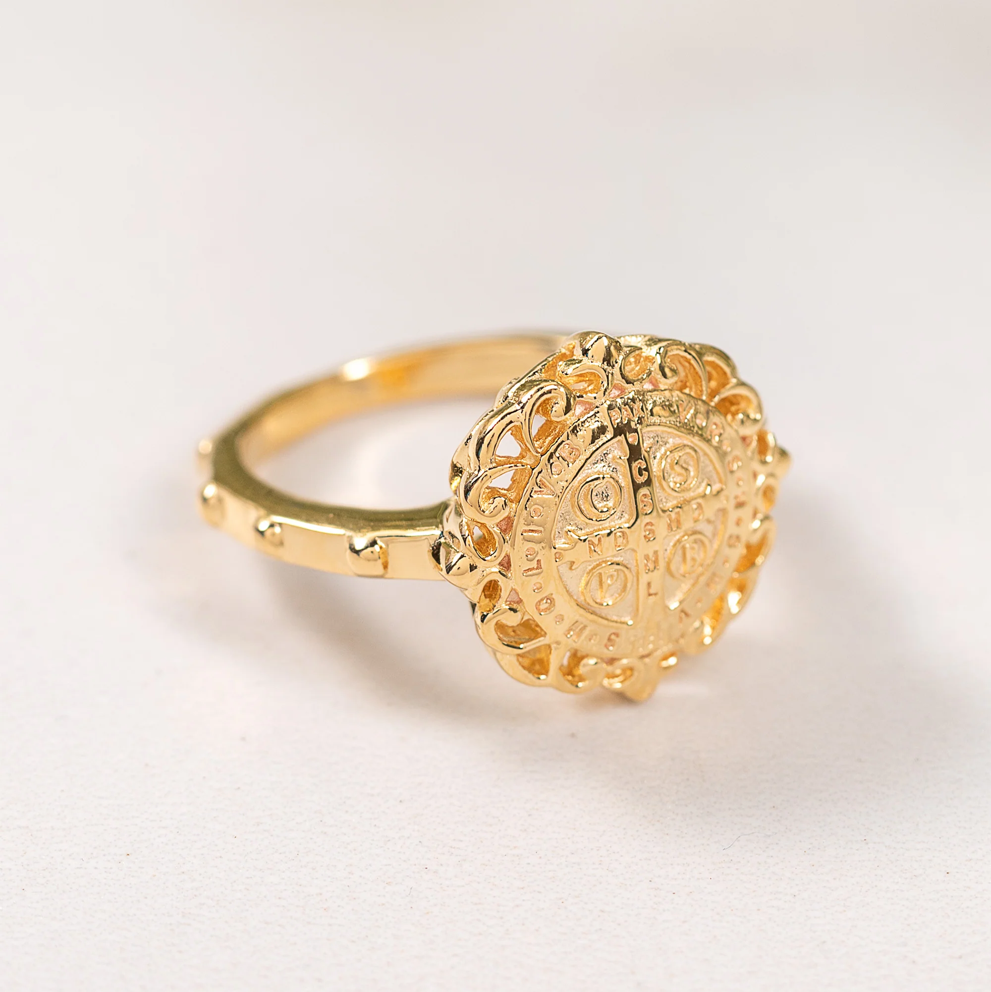 Gold Over Sterling Silver St. Benedict Filigree Rosary Ring - Image 3