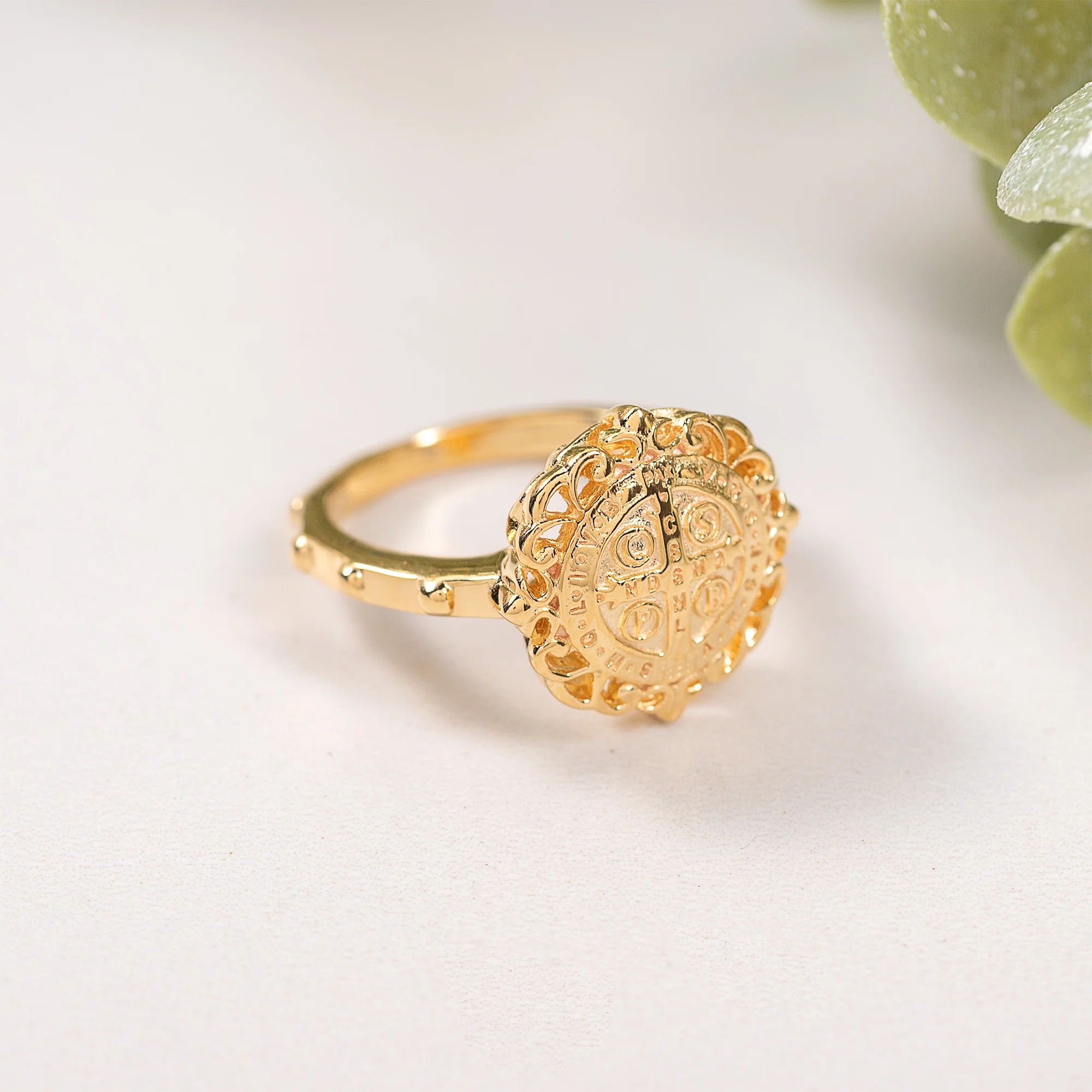 Gold Over Sterling Silver St. Benedict Filigree Rosary Ring - Image 4