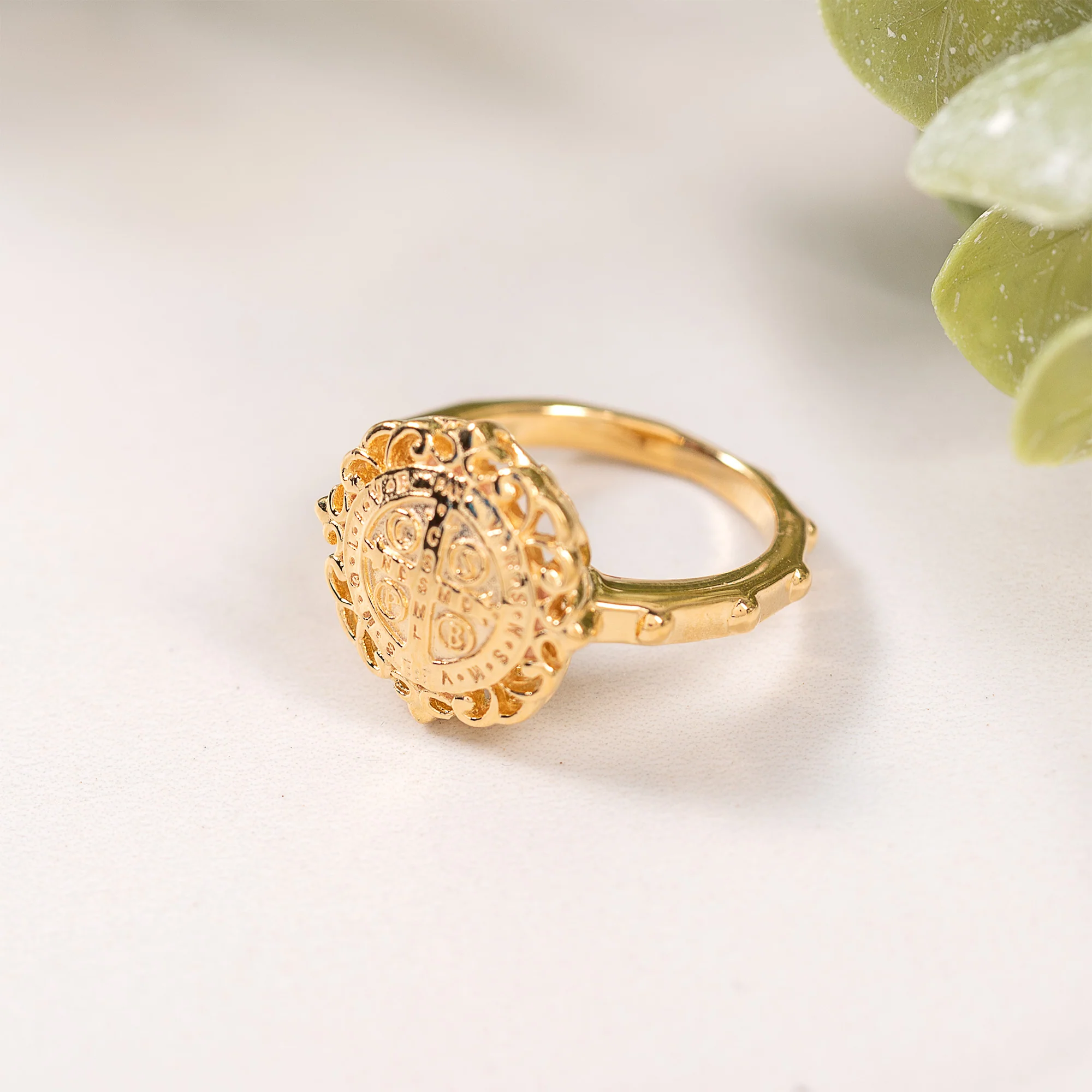 Gold Over Sterling Silver St. Benedict Filigree Rosary Ring - Image 6