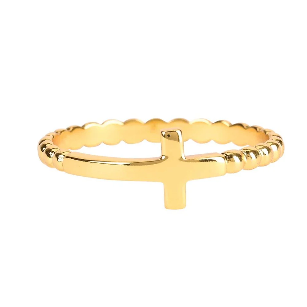 Gold Plated Beaded Band Cross Ring