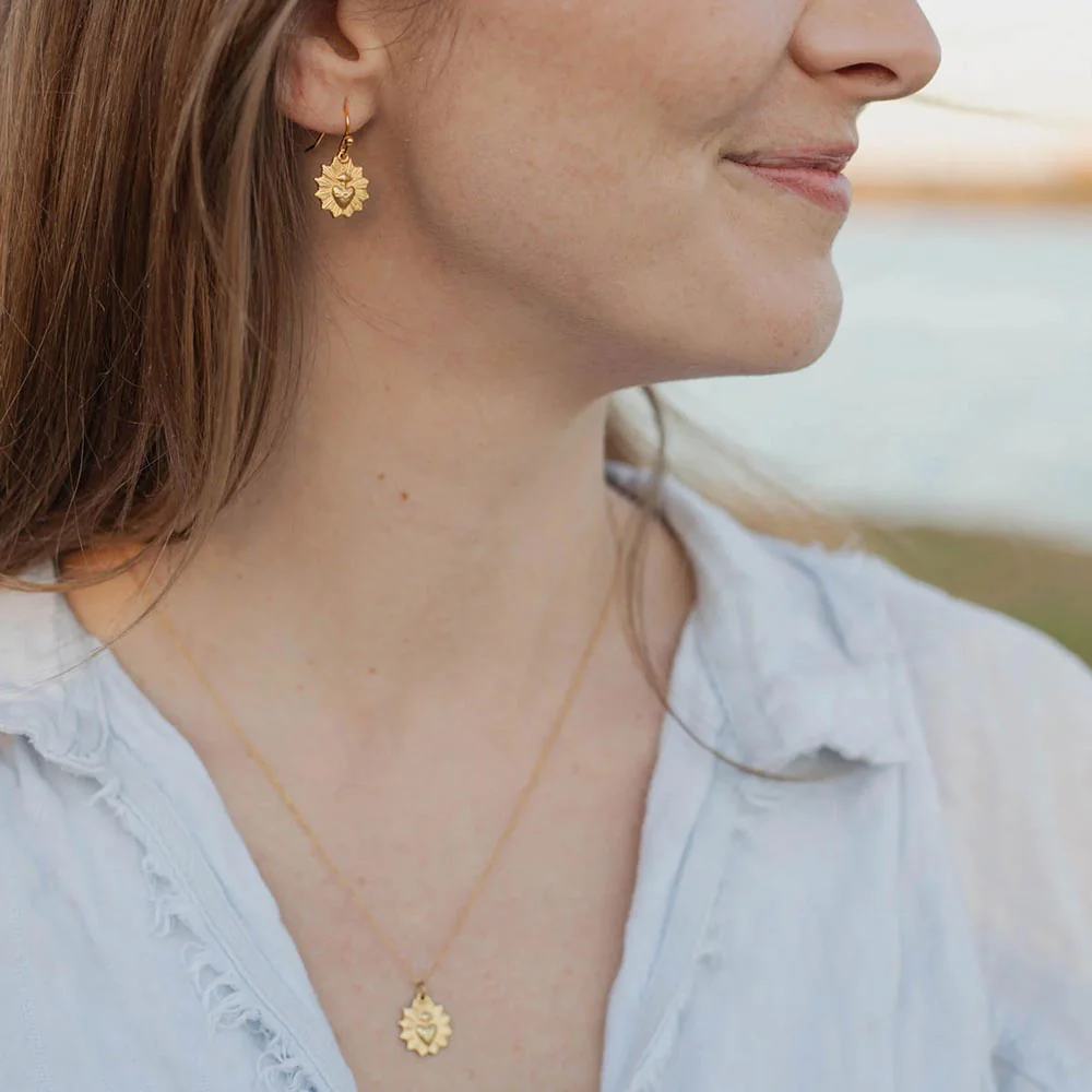 Gold Sacred Heart Sunburst Earrings - Image 2
