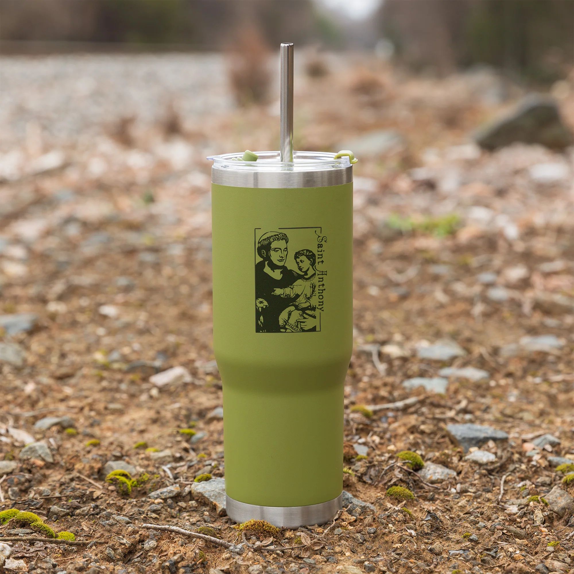 Green St. Anthony Stainless Steel Tumbler with Straw