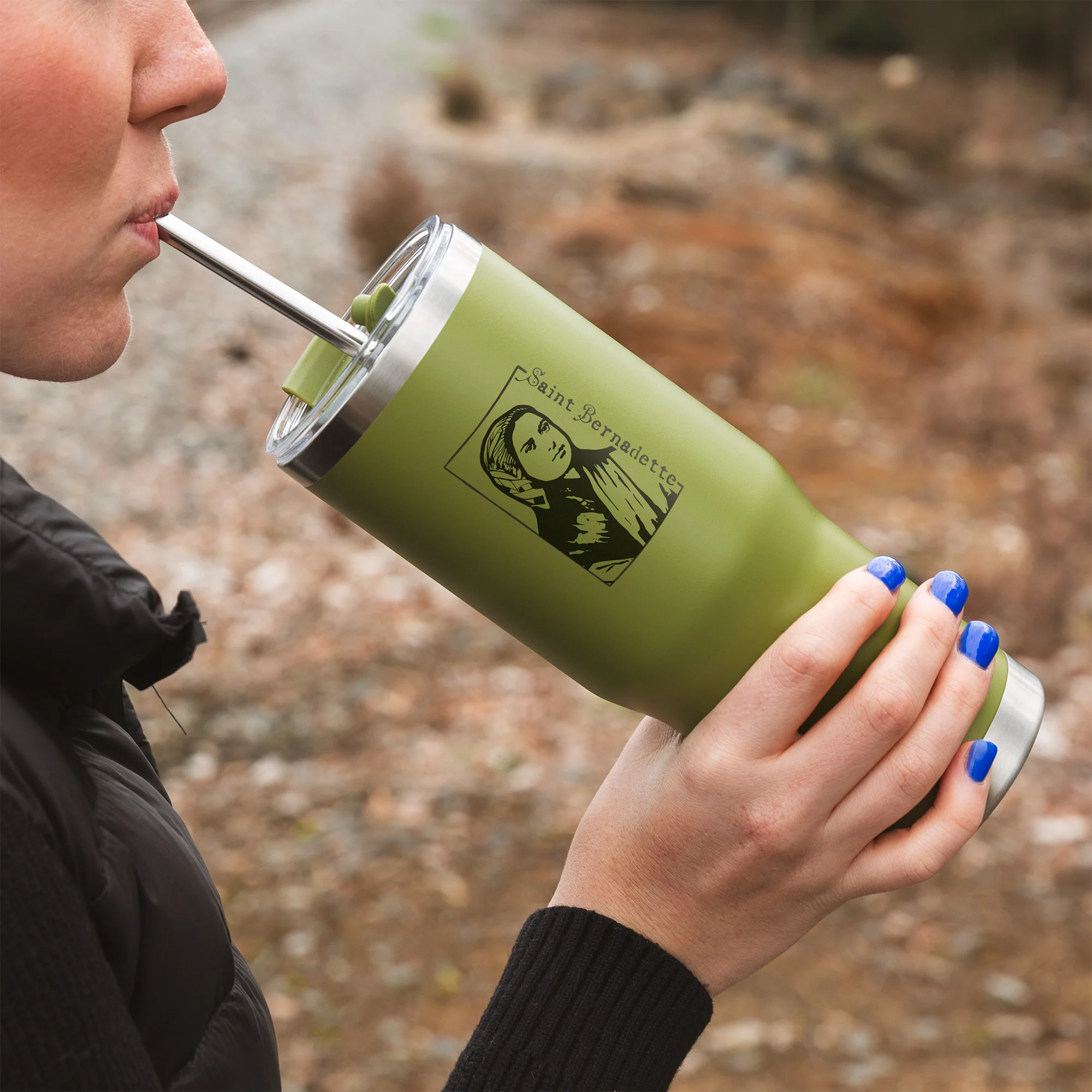 Green St. Bernadette Stainless Steel Tumbler with Straw