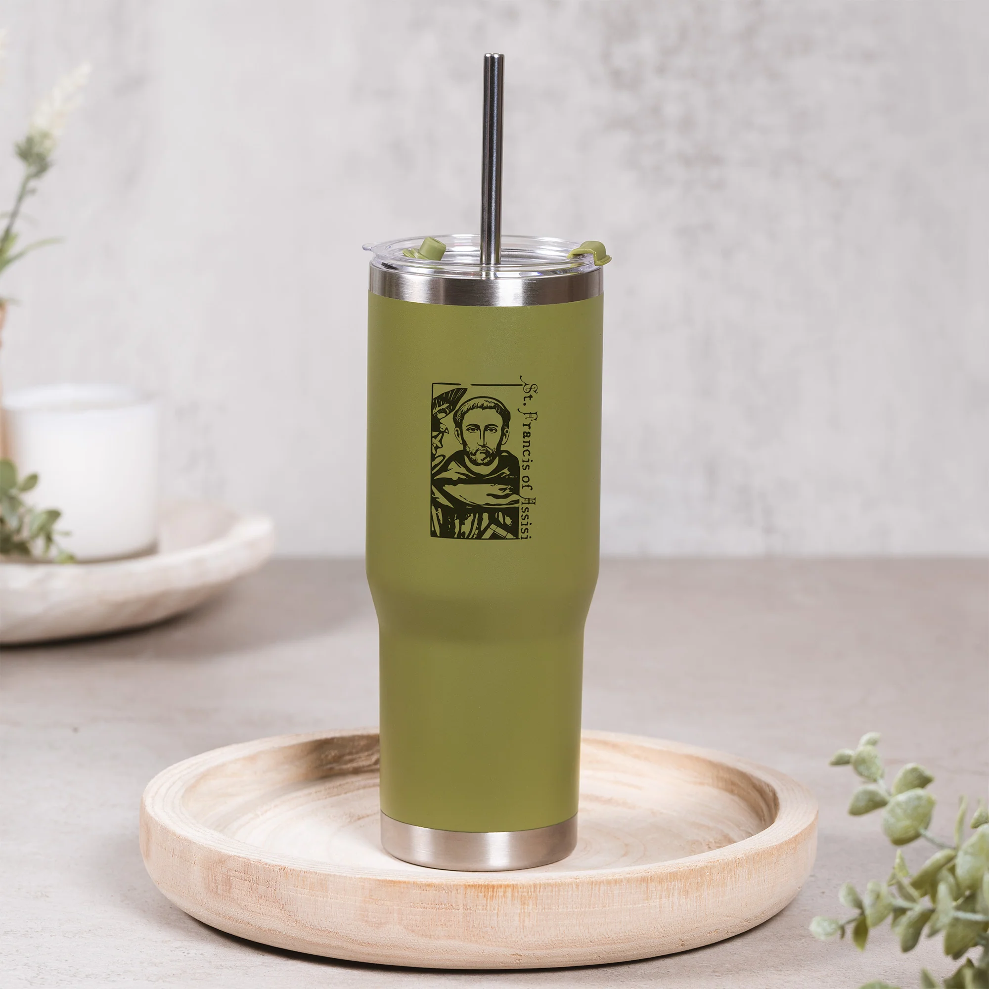 Green St. Francis Stainless Steel Tumbler with Straw - Image 4