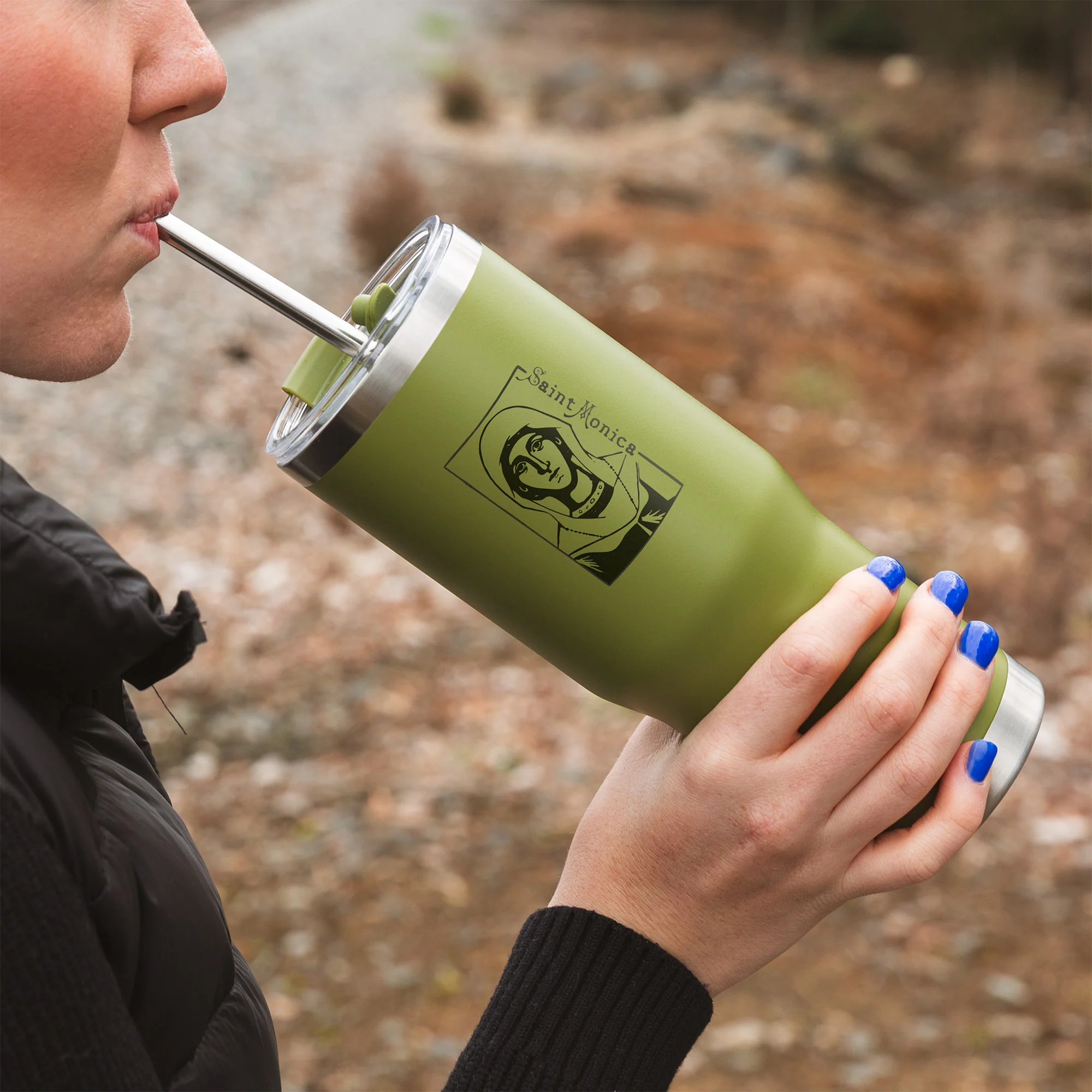 Green St. Monica Stainless Steel Tumbler with Straw - Image 3