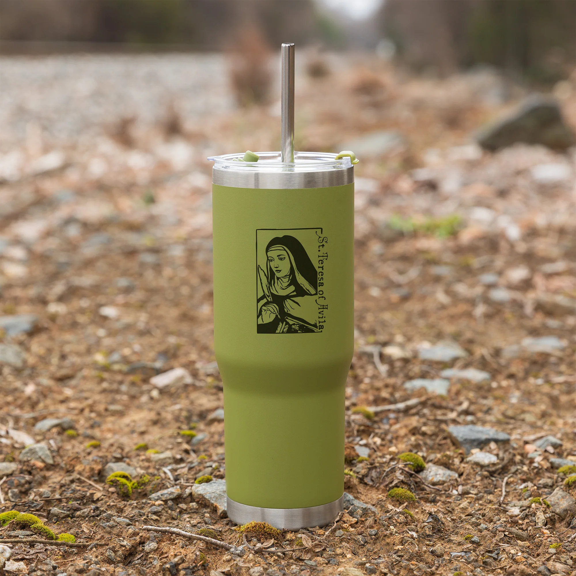 Green St. Teresa Avila Stainless Steel Tumbler with Straw