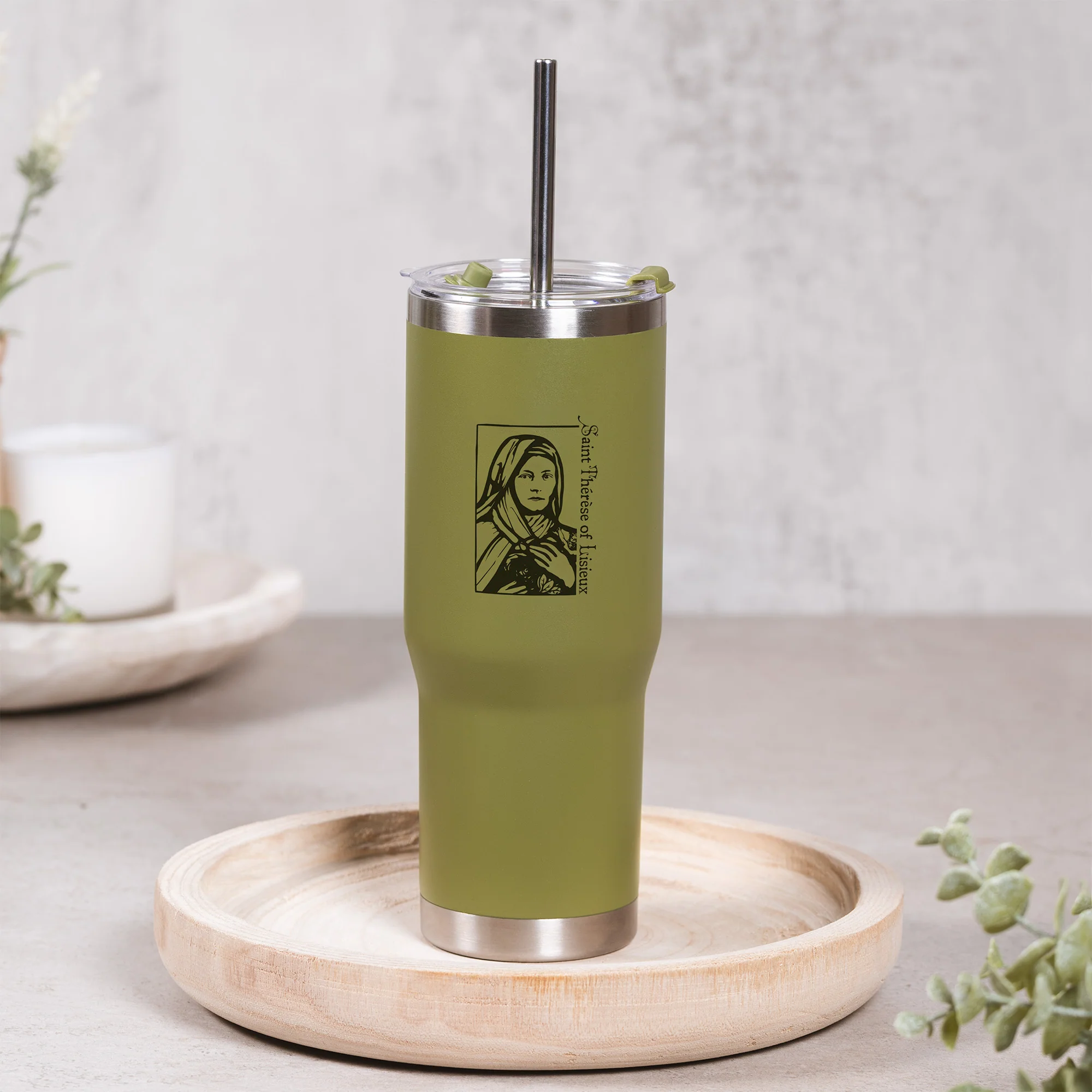 Green St. Thérèse Stainless Steel Tumbler with Straw - Image 3